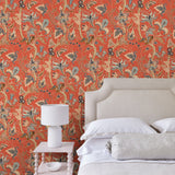 Bedroom with a tropical wallpaper in chilli showcasing beautiful botanicals and butterflies.
