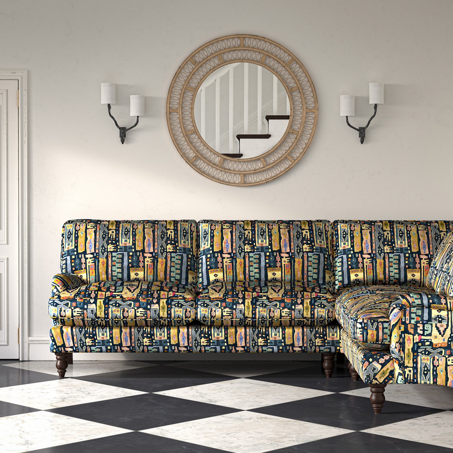 Sofa in a printed velvet fabric with city buildings in blue and yellow colours.