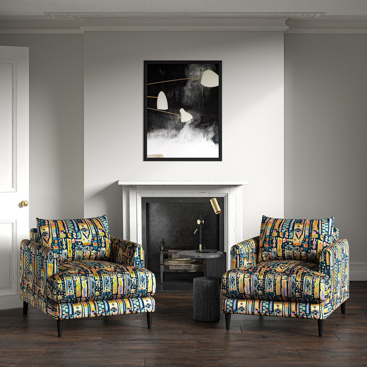 Armchairs in a printed velvet fabric with city buildings in blue and yellow colours.
