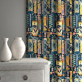 Curtains in a printed velvet fabric with city buildings in blue and yellow colours.
