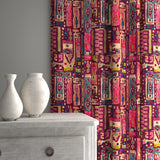 Curtains in a printed velvet fabric with city buildings in pink colours.
