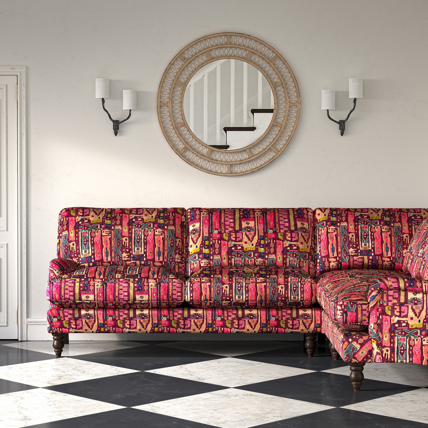 Sofa in a printed velvet fabric with city buildings in pink colours.