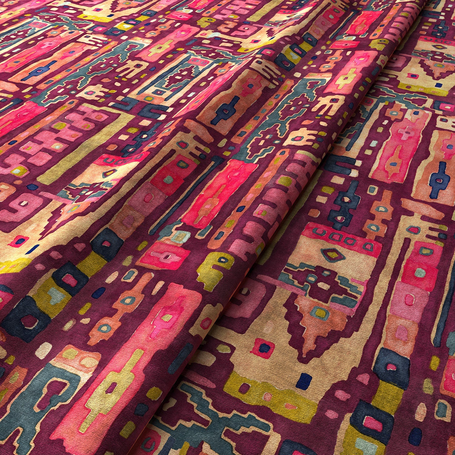 Printed velvet fabric with city buildings in pink colours for curtains and upholstery.