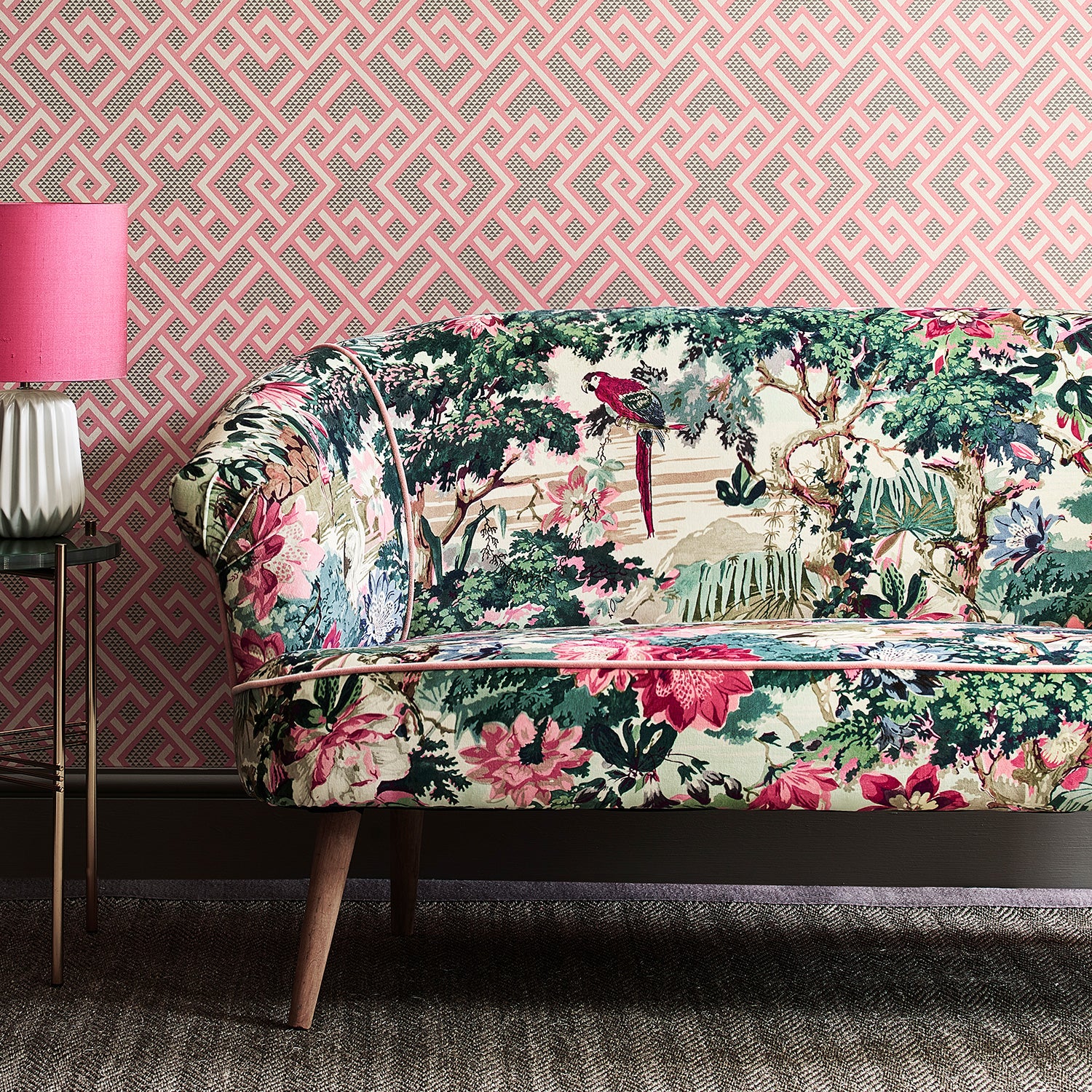 Sofa in a printed cotton velvet with a tropical jungle scene