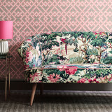 Sofa in a printed cotton velvet with a tropical jungle scene