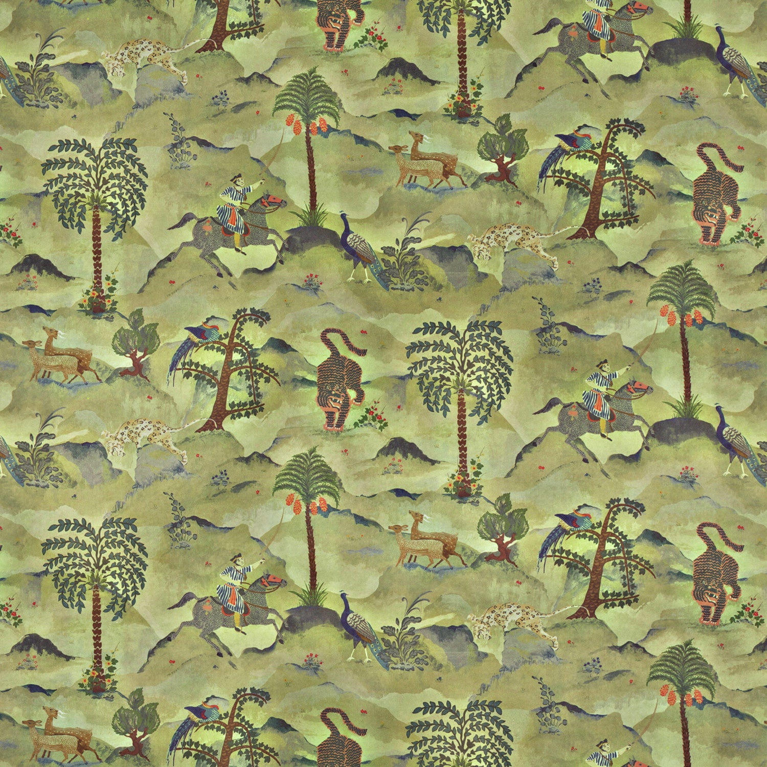 Fabric swatch of a green cotton velvet fabric for curtains and upholstery with painted animals and characters
