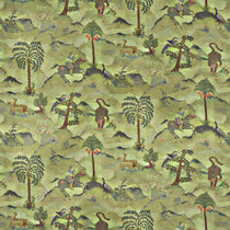 Fabric swatch of a green cotton velvet fabric for curtains and upholstery with painted animals and characters