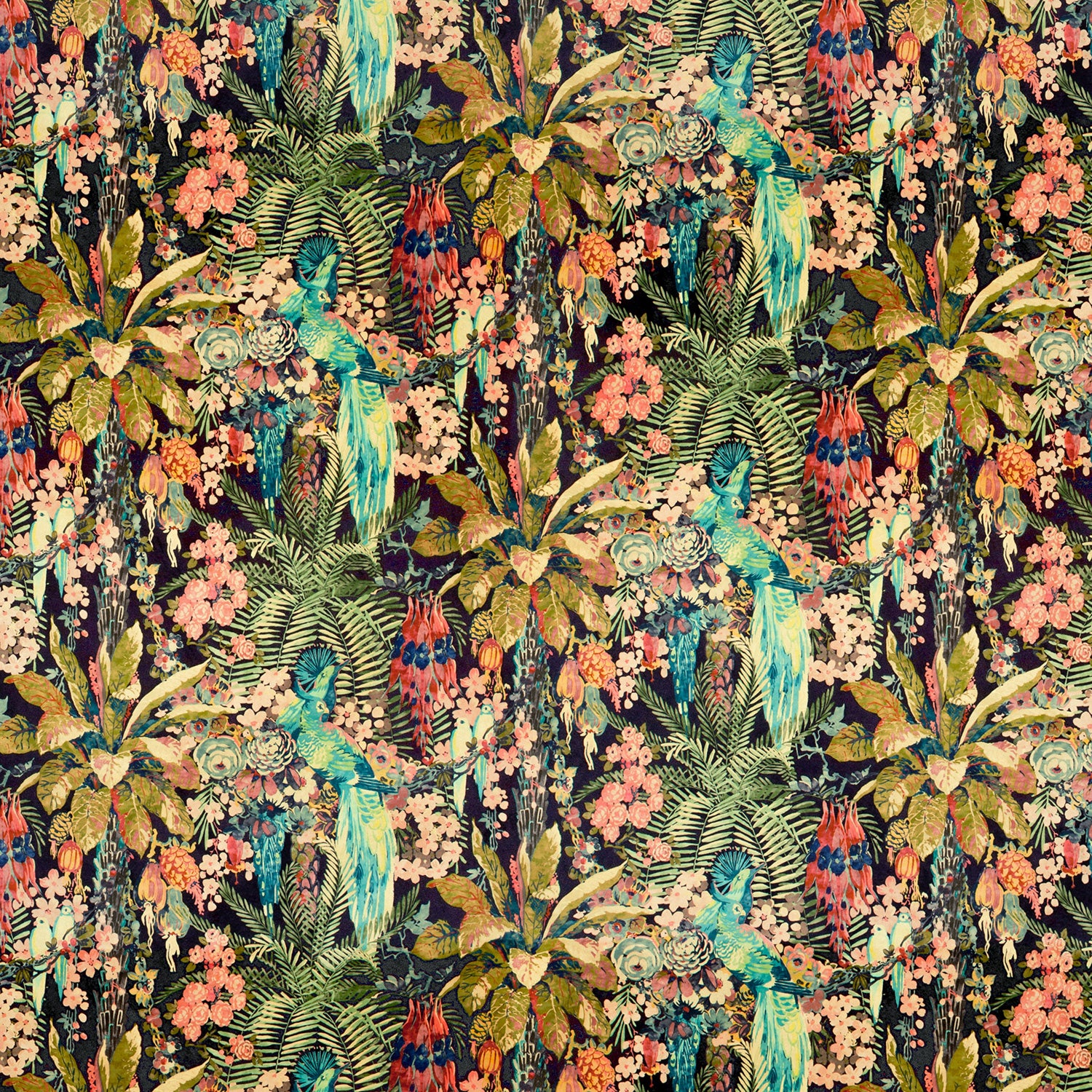 Sample of a printed velvet showing a tropical design