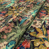 Sample of a printed velvet showing a tropical design