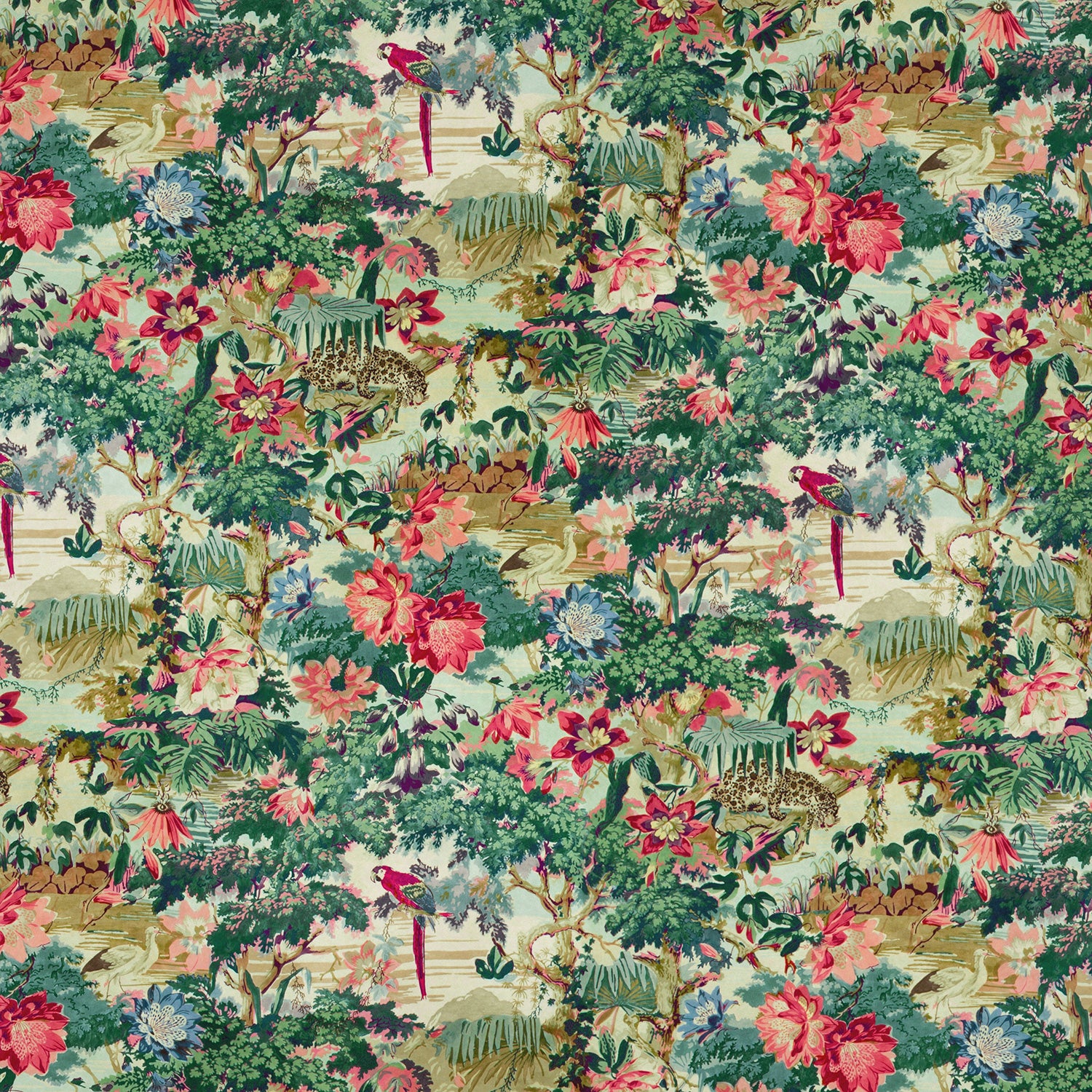 Luxurious printed cotton velvet fabric for upholstery and curtains with an exotic tropical jungle scene