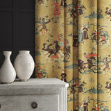 A printed velvet fabric showcasing lively horses and bedecked warriors in brown as curtains