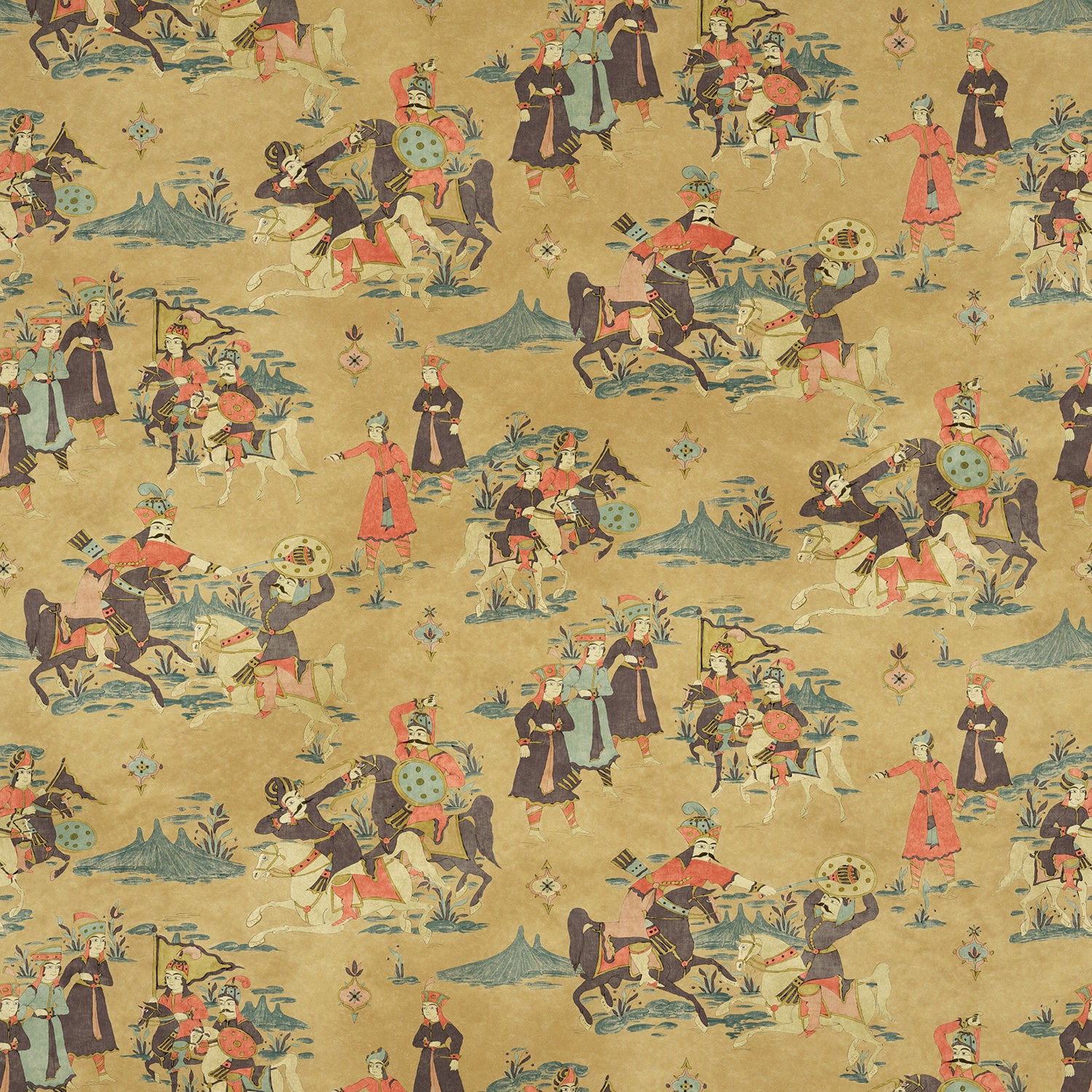 Sample of a printed velvet fabric showcasing lively horses and bedecked warriors in brown