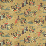 Sample of a printed velvet fabric showcasing lively horses and bedecked warriors in brown