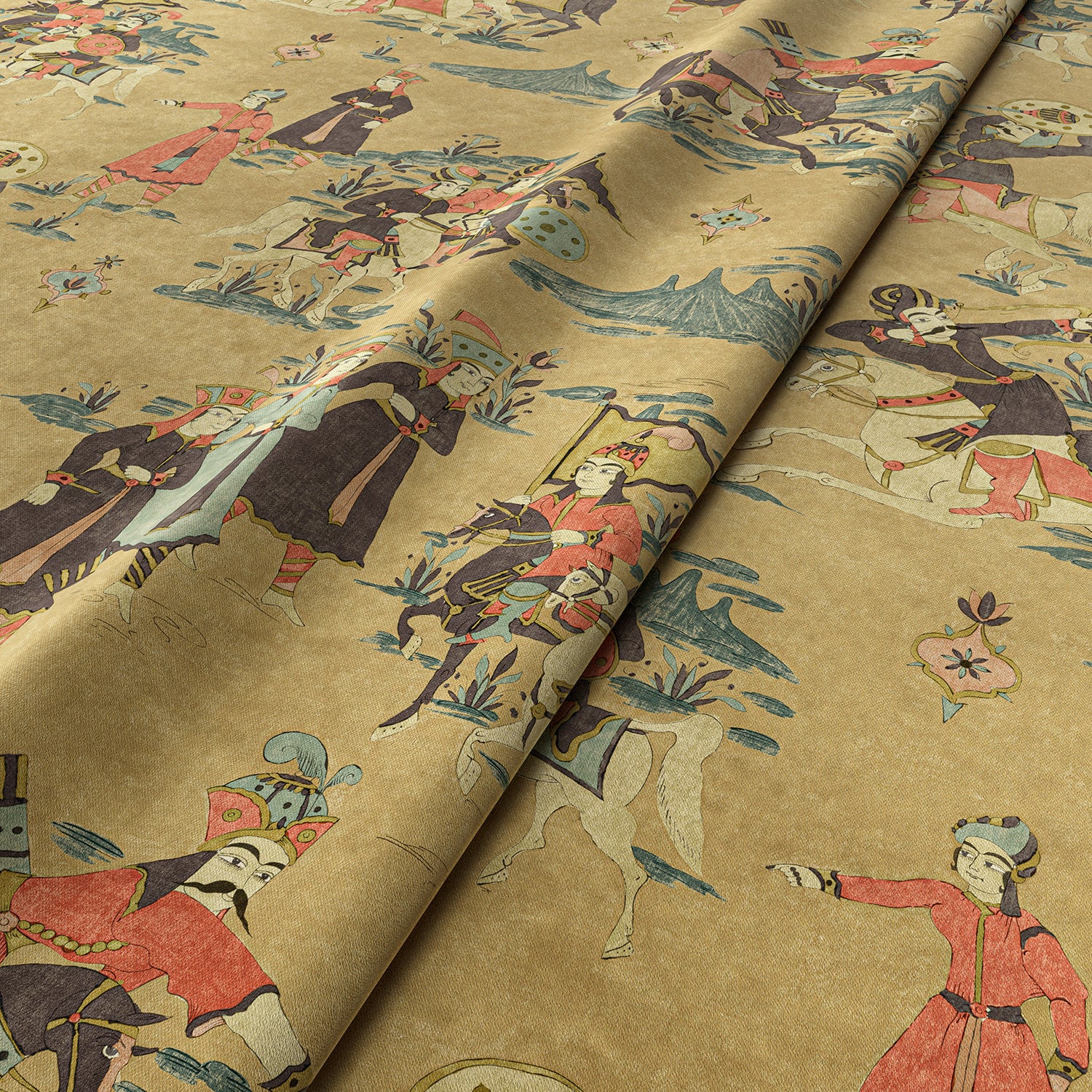Sample of a printed velvet fabric showcasing lively horses and bedecked warriors in brown