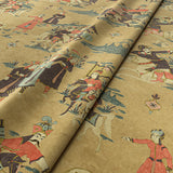 Sample of a printed velvet fabric showcasing lively horses and bedecked warriors in brown