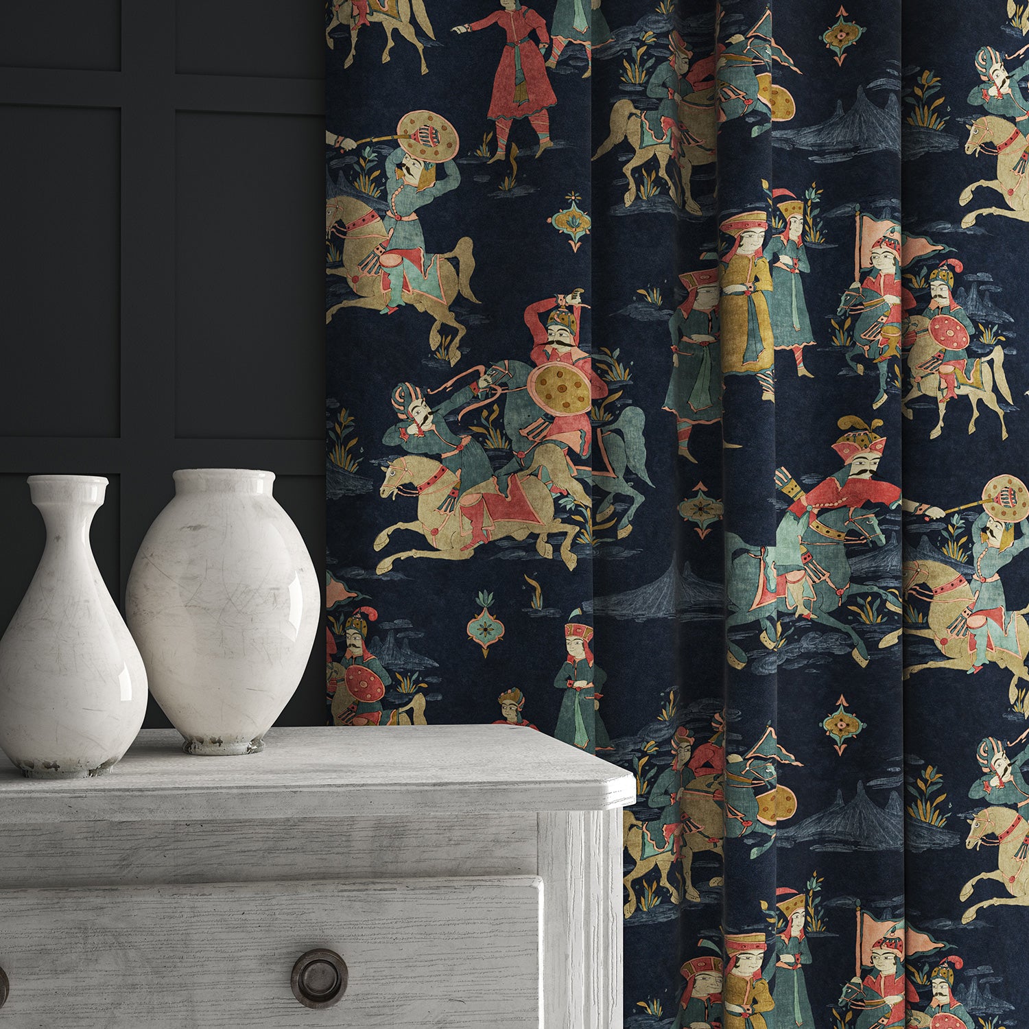 A printed velvet fabric showcasing lively horses and bedecked warriors in blue as curtains
