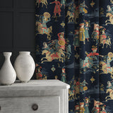 A printed velvet fabric showcasing lively horses and bedecked warriors in blue as curtains