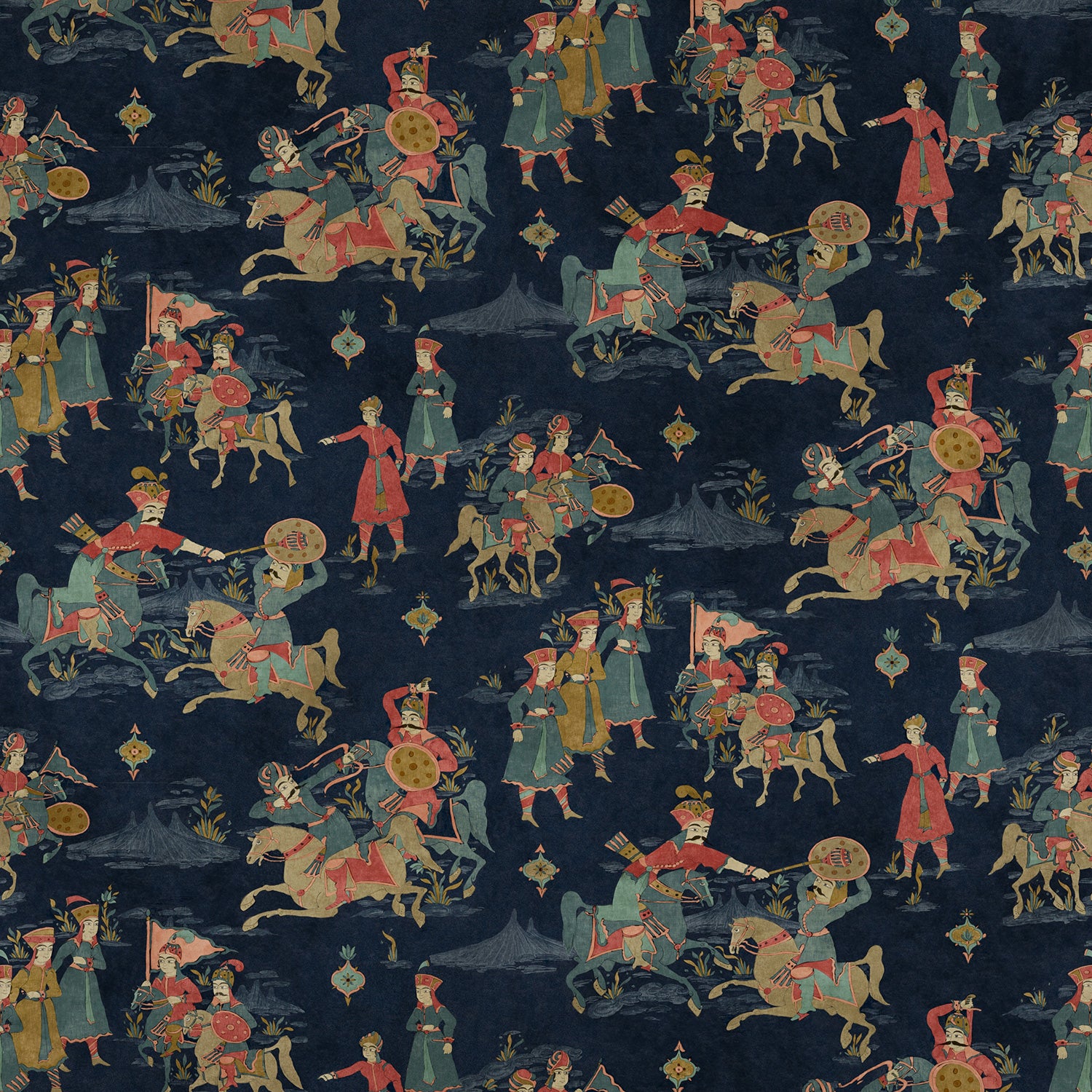 Sample of a printed velvet fabric showcasing lively horses and bedecked warriors in blue
