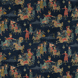 Sample of a printed velvet fabric showcasing lively horses and bedecked warriors in blue
