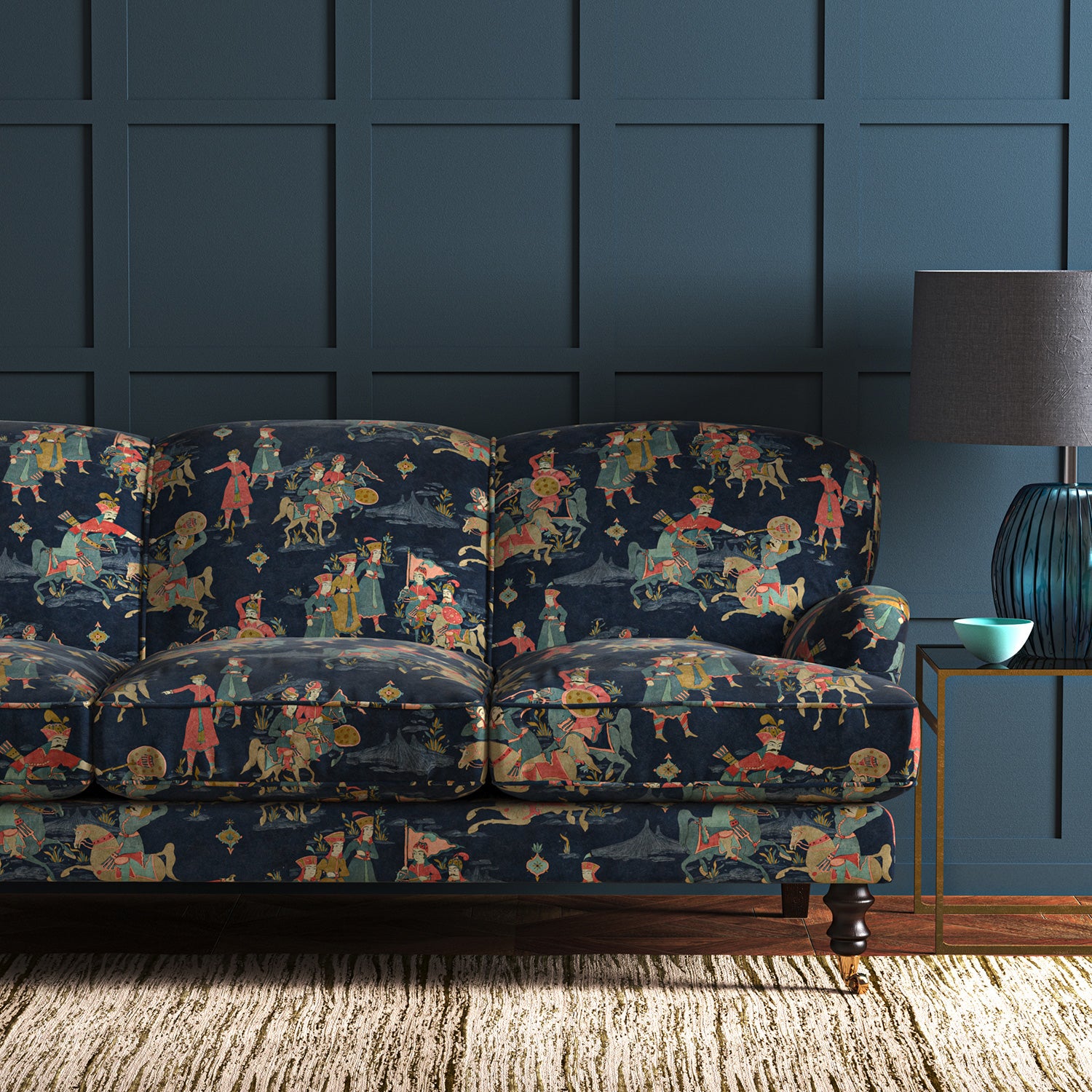 A printed velvet fabric showcasing lively horses and bedecked warriors in blue on a sofa