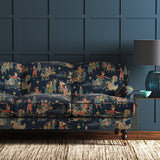 A printed velvet fabric showcasing lively horses and bedecked warriors in blue on a sofa