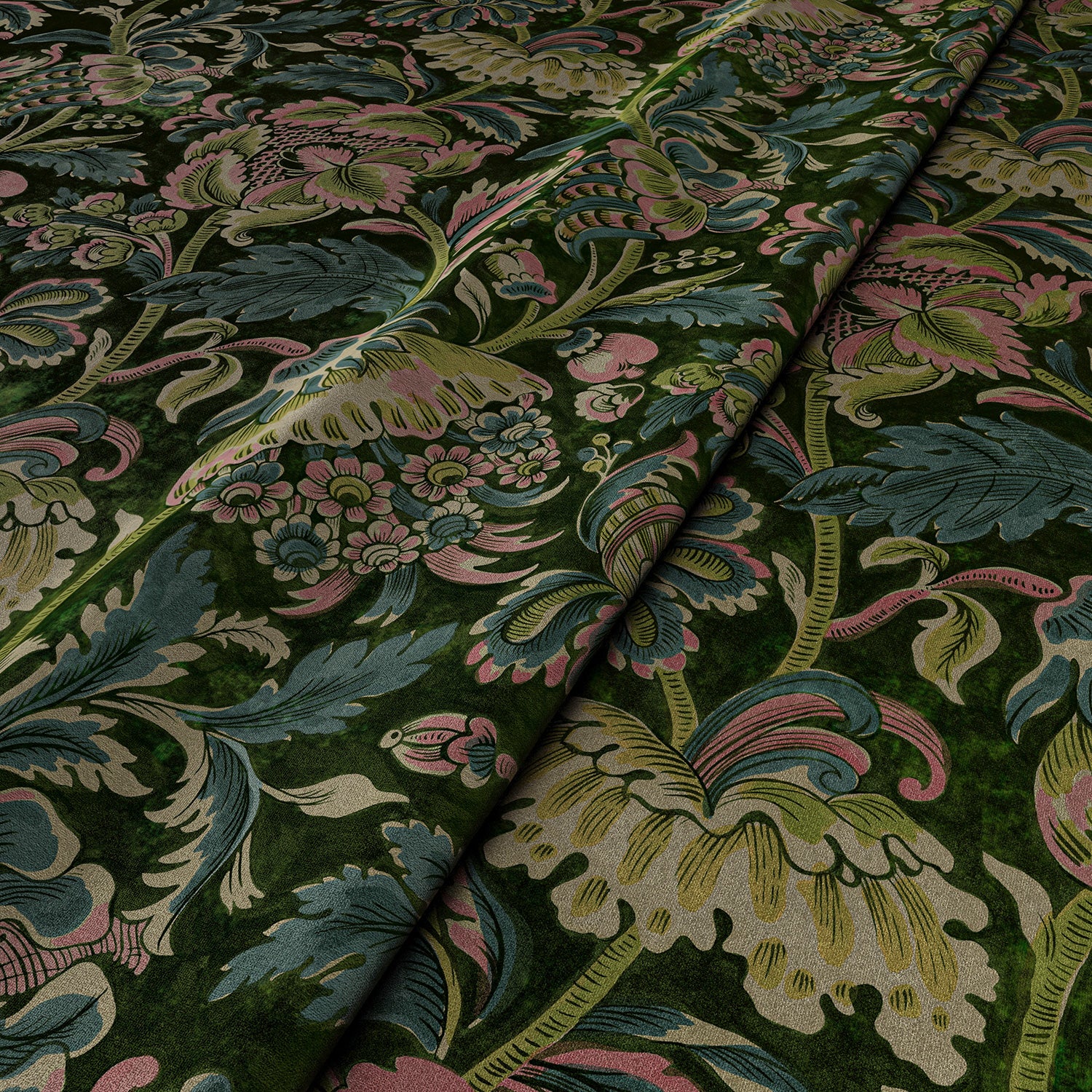 Sample of a printed velvet fabric showcasing an archival document, circa 1700s, this stylised floral is lavish, graceful, and timeless in green
