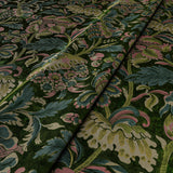Sample of a printed velvet fabric showcasing an archival document, circa 1700s, this stylised floral is lavish, graceful, and timeless in green