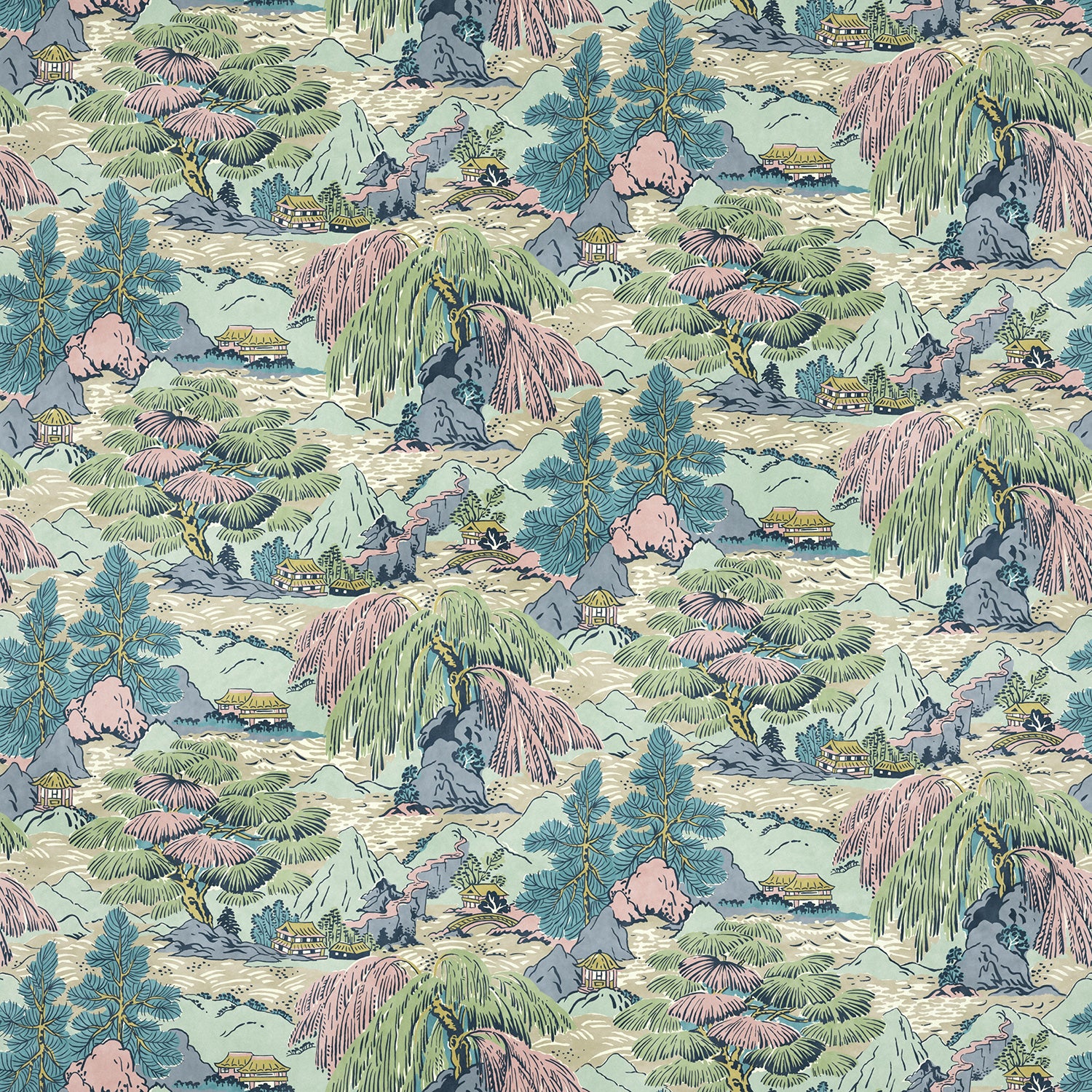 Sample of a printed velvet fabric showcasing a beautiful landscape of mountains, willows, and Oriental-style buildings in blue, pink and green