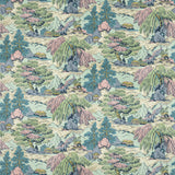 Sample of a printed velvet fabric showcasing a beautiful landscape of mountains, willows, and Oriental-style buildings in blue, pink and green