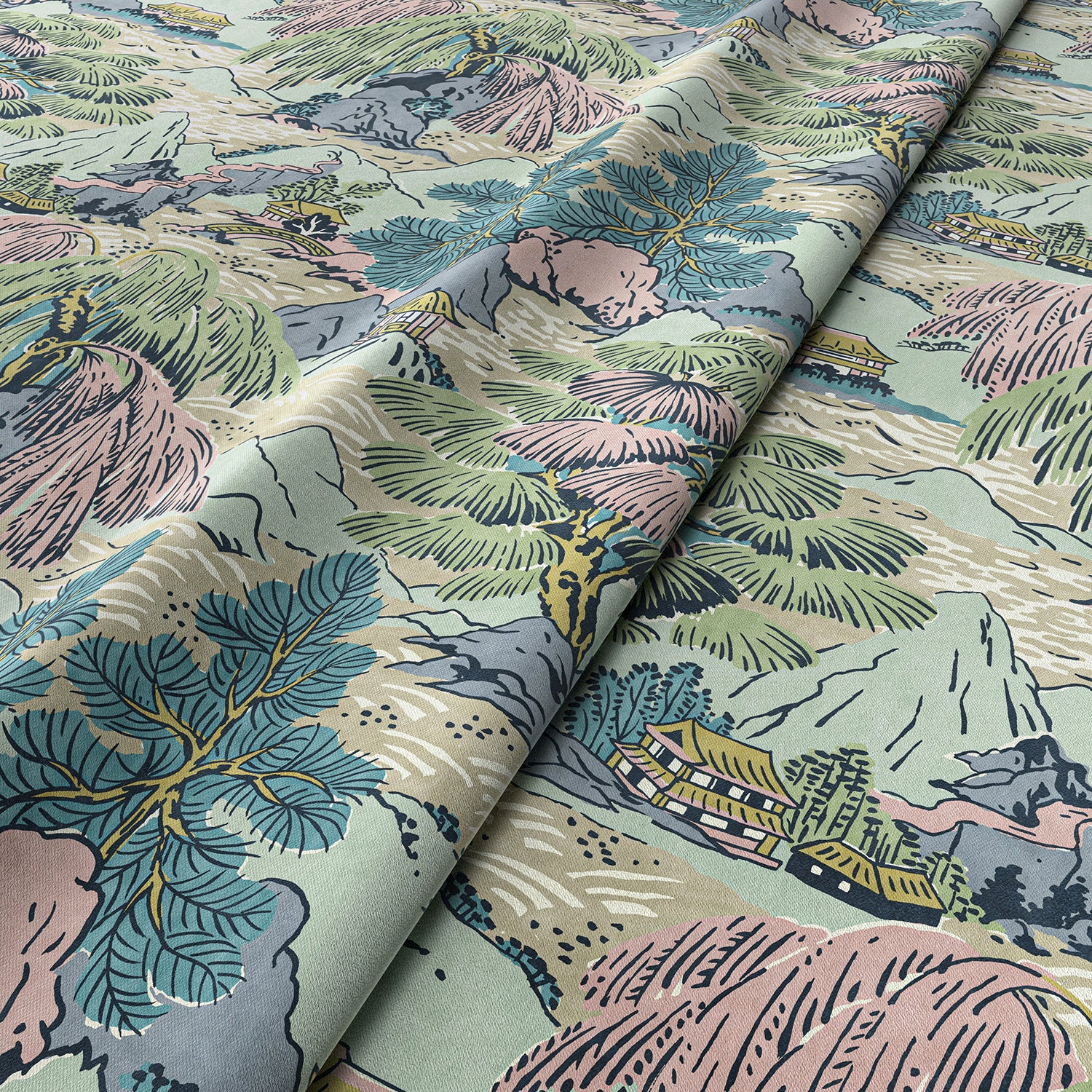 Sample of a printed velvet fabric showcasing a beautiful landscape of mountains, willows, and Oriental-style buildings in blue, pink and green