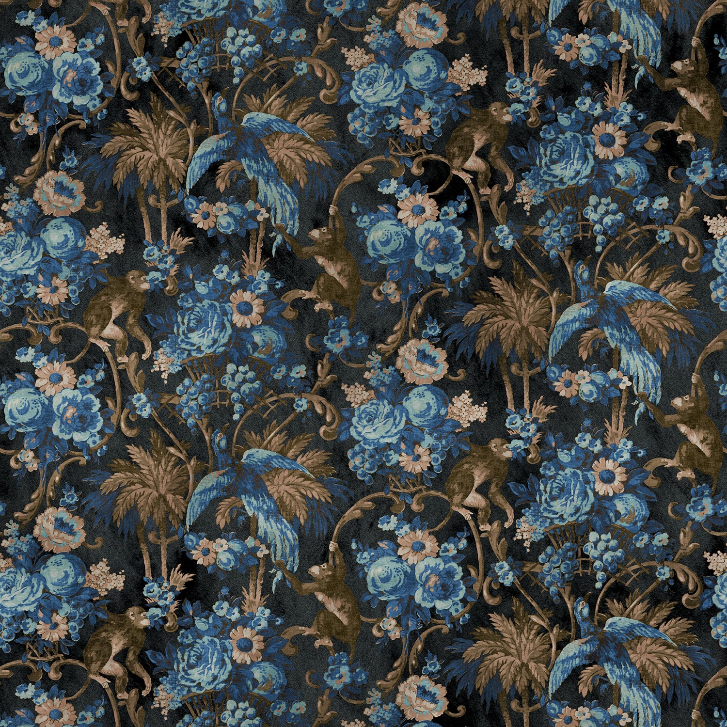 Sample of a printed velvet fabric showcasing a landscape of palms and monkeys in blue, brown and pink