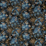 Sample of a printed velvet fabric showcasing a landscape of palms and monkeys in blue, brown and pink