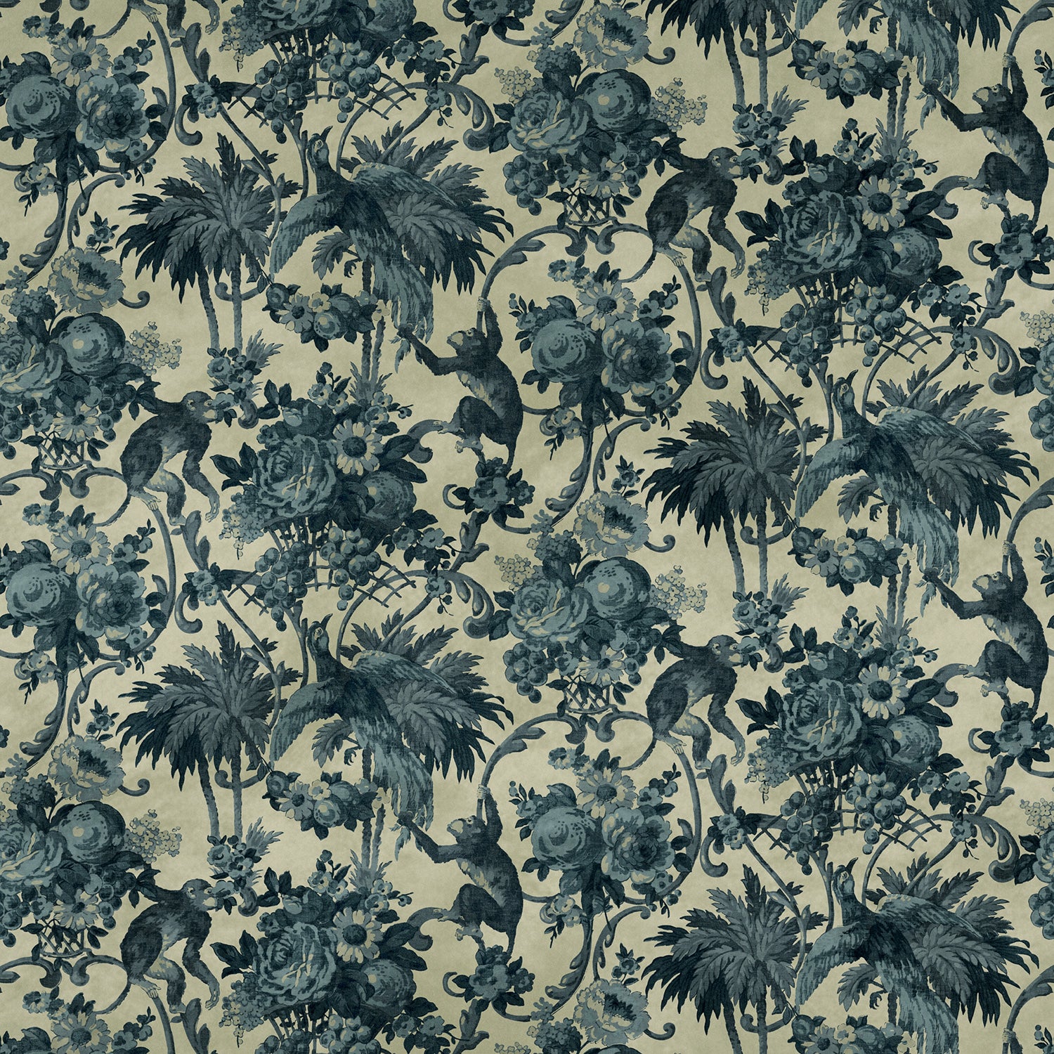 Sample of a printed velvet fabric showcasing a landscape of palms and monkeys in blue and cream