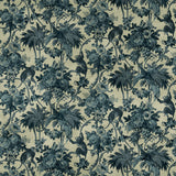 Sample of a printed velvet fabric showcasing a landscape of palms and monkeys in blue and cream