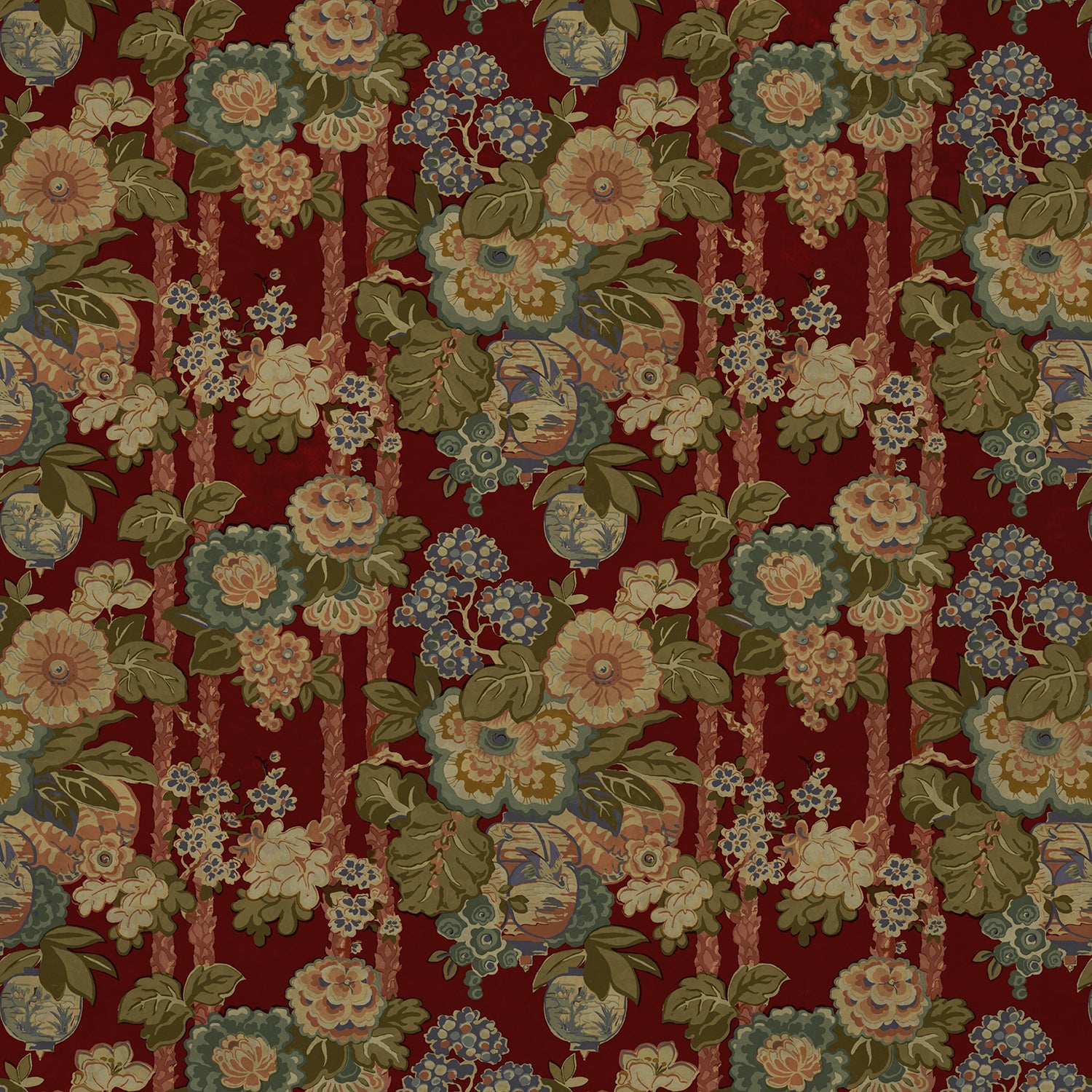 Sample of a printed velvet fabric showcasing the abundant pattern of stylised flowers in red