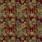 Sample of a printed velvet fabric showcasing the abundant pattern of stylised flowers in red