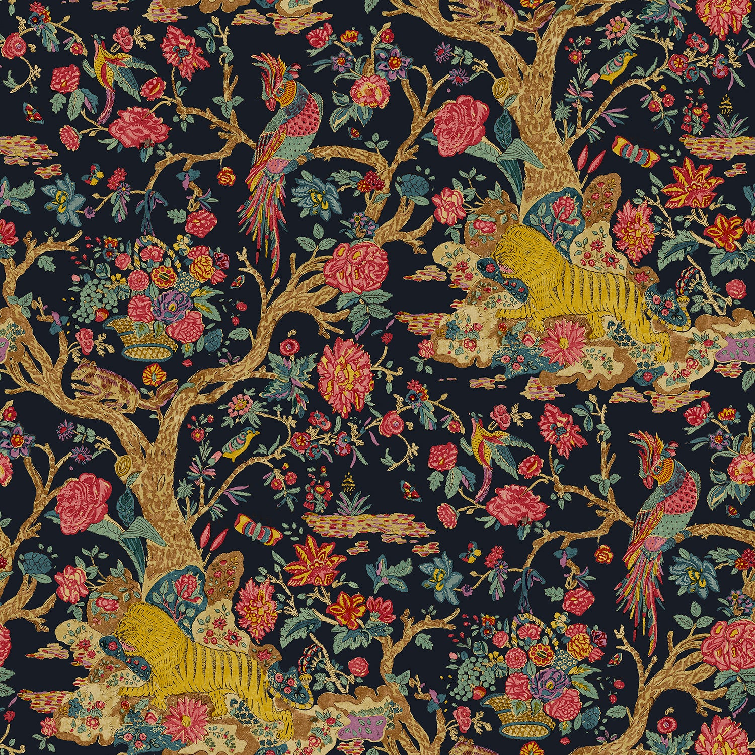 Sample of a printed velvet fabric depicts a menagerie of parrots, lions, and alluring flowers in blue