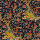 Sample of a printed velvet fabric depicts a menagerie of parrots, lions, and alluring flowers in blue