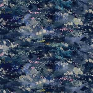 Printed velvet fabric with painterly-style skyscape design in blue colours for curtains and upholstery.