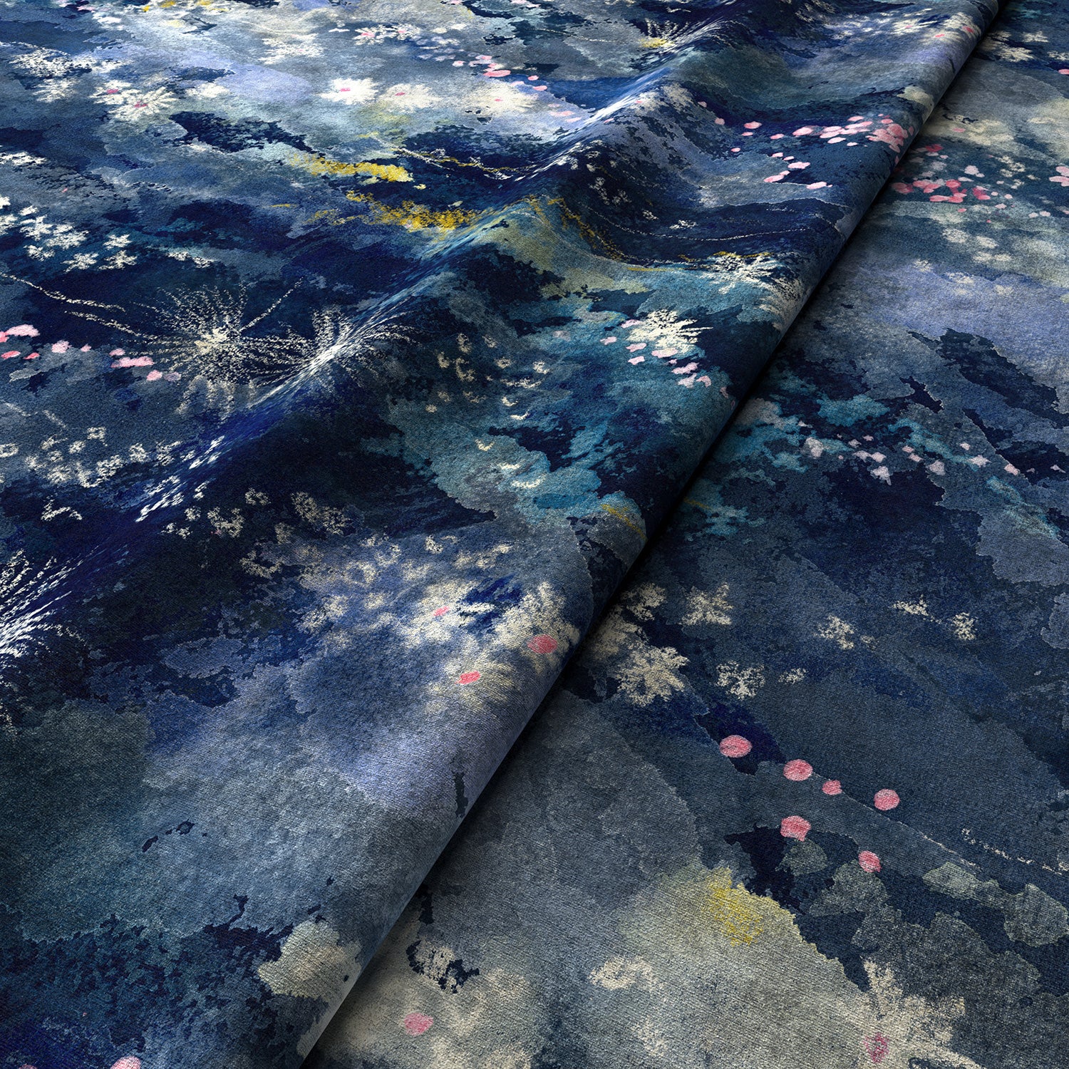Printed velvet fabric with painterly-style skyscape design in blue colours for curtains and upholstery.
