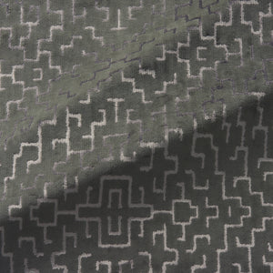 Fabric swatch of a stain resistant geometric velvet fabric suitable for curtains and upholstery 