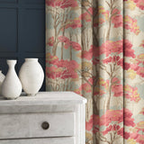 Patterned velvet curtains showcasing a pink Japanese tree design.