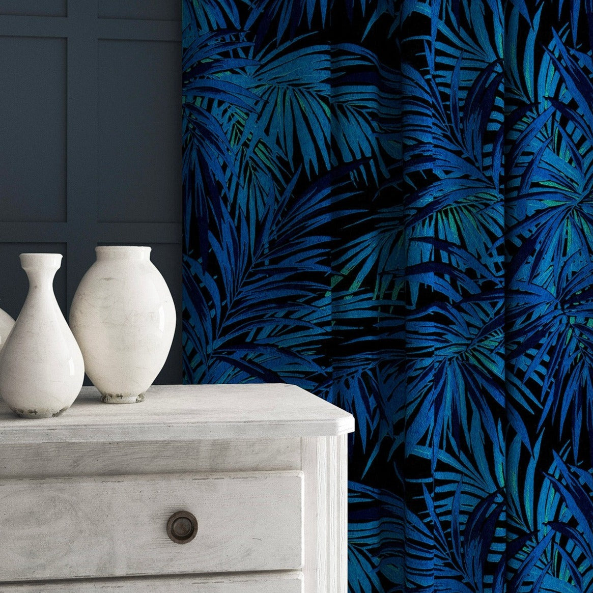 Patterned velvet curtains in a electric blue coloured velvet fabric with stain resistant finish and palm tree leaf design