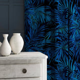 Patterned velvet curtains in a electric blue coloured velvet fabric with stain resistant finish and palm tree leaf design