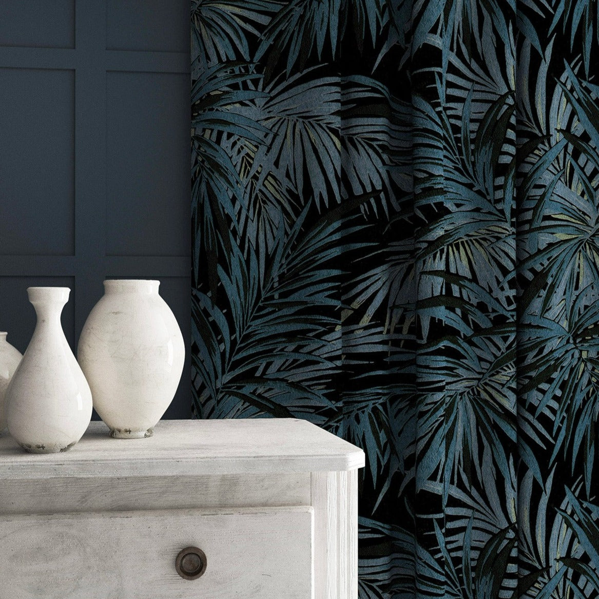 Patterned velvet curtains in a blue coloured fabric with stain resistant finish and palm tree leaf design.
