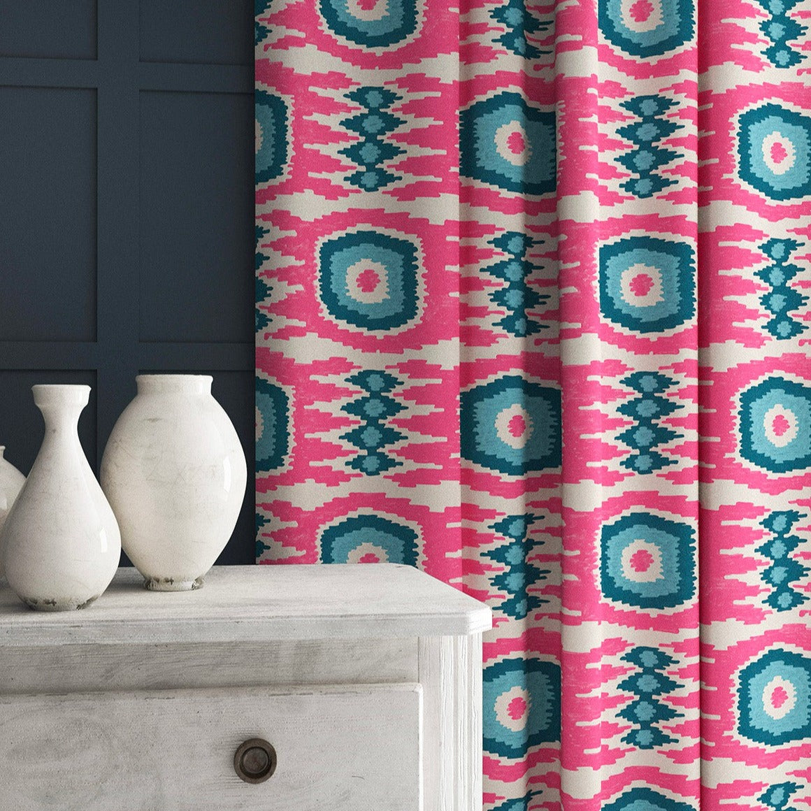 Patterned velvet curtains featuring a fun, jazzy pattern in Candy Pink.