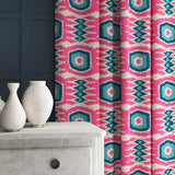 Patterned velvet curtains featuring a fun, jazzy pattern in Candy Pink.