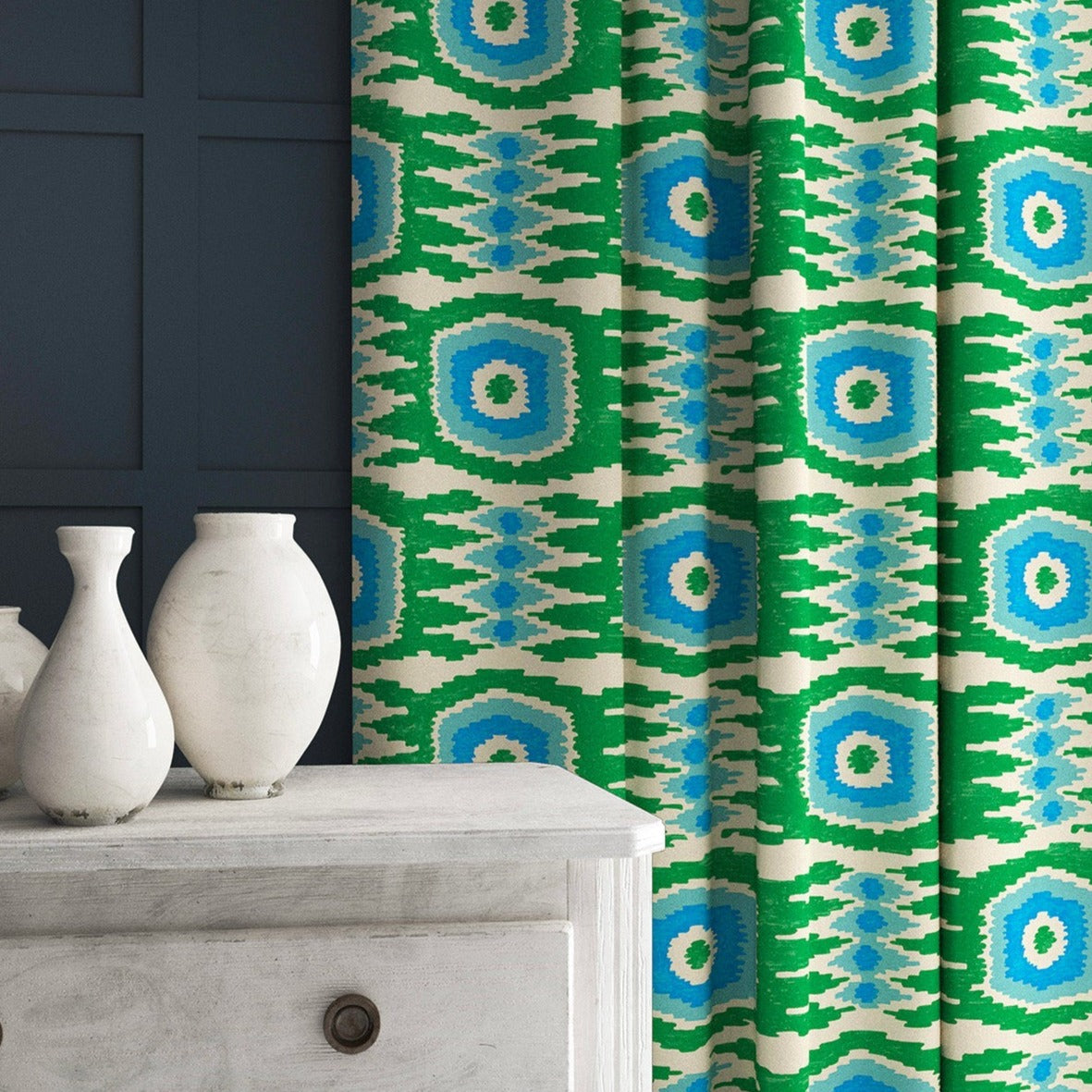 Patterned velvet curtains featuring a fun, jazzy pattern in Seagreen.