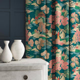 Curtain in a Japanese-style toile printed velvet fabric in blossom pink.