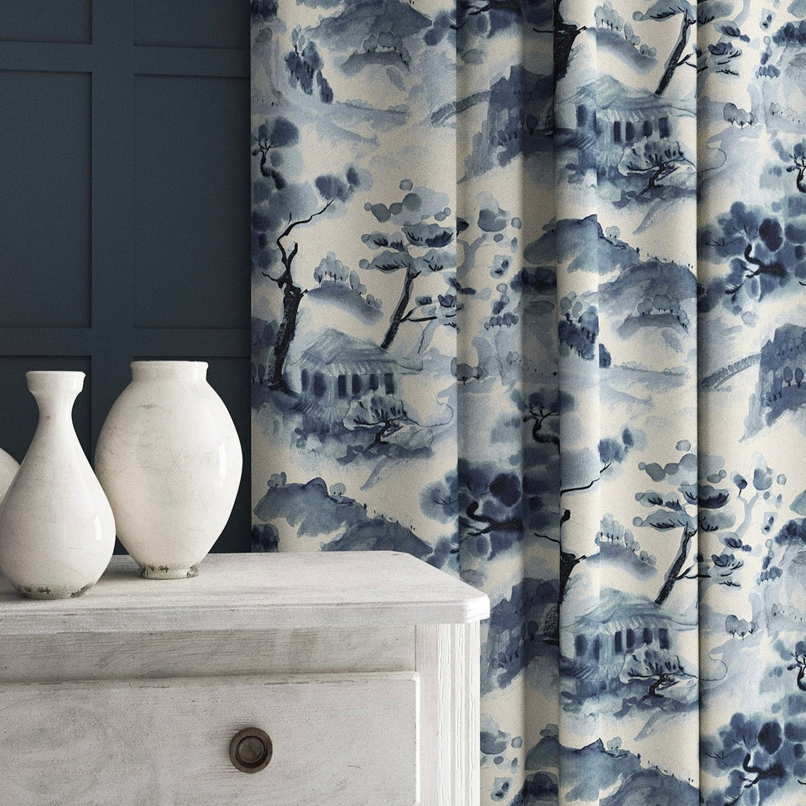 Velvet curtain in a sophisticated Oriental-style design.